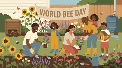Obraz premium Diverse Family Celebrating World Bee Day in Sustainable Backyard Garden