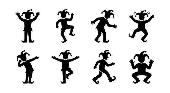Vector Silhouette Set of Medieval Jester and Joker Characters in Playful Dancing and Energetic Poses
