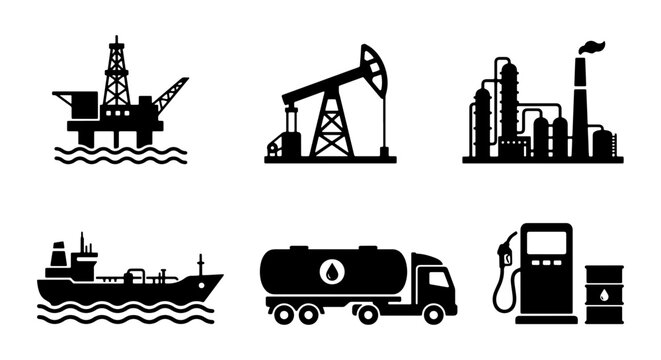 Oil and Gas Industry Icon Set - Petroleum Extraction, Refining, and Transport Vector Silhouettes
