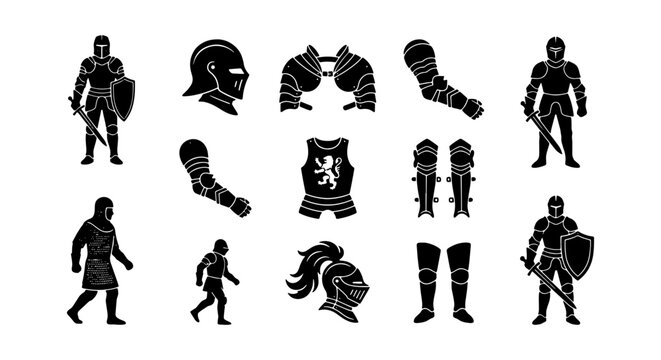 Medieval Knight Silhouettes and Plate Armor Icon Set with Armored Warriors Helmets and Heraldry Vector