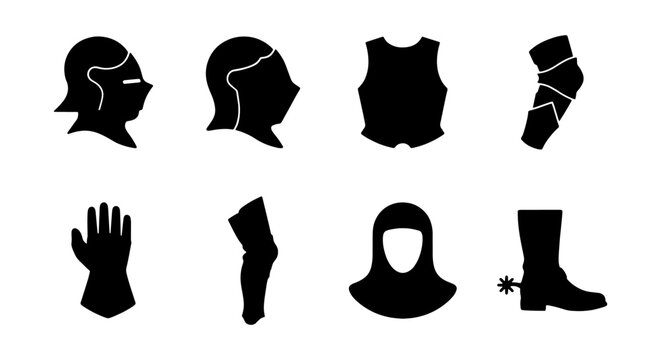 Vector Collection of Medieval Knight Armor Silhouettes Including Helmets Breastplate Gauntlet and Chainmail Hood