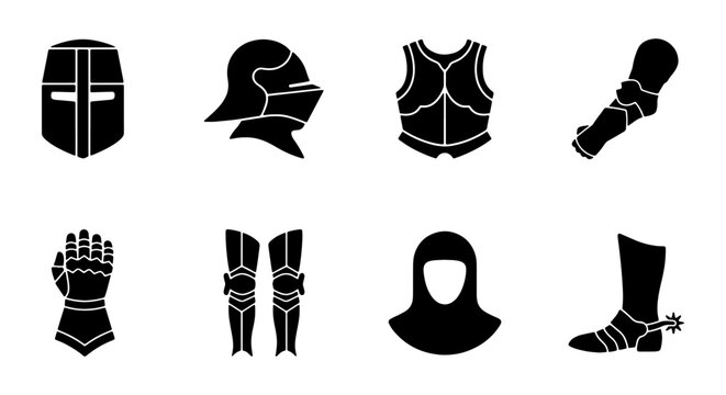 Vector Silhouette Set of Medieval Knight Armor Pieces Including Great Helm Breastplate Gauntlet and Chainmail Coif