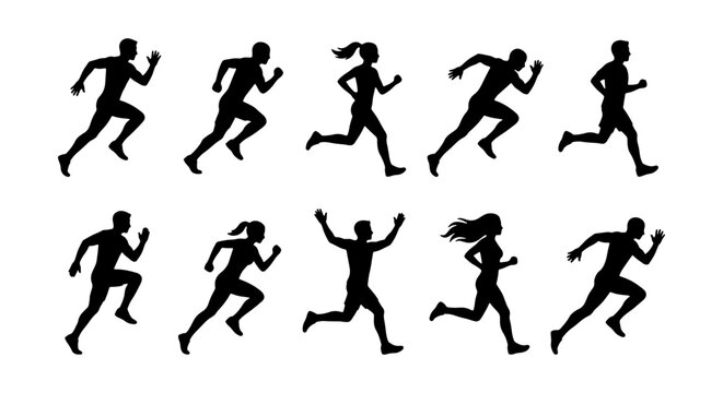 Set of Black Male and Female Runner Silhouettes in Motion &ndash; Sprinting Jogging and Athletic Activity Vector Icons