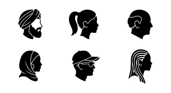 Multicultural Profile Silhouette Set - Diverse Ethnic Head Portraits and Hairstyles Vector Icons