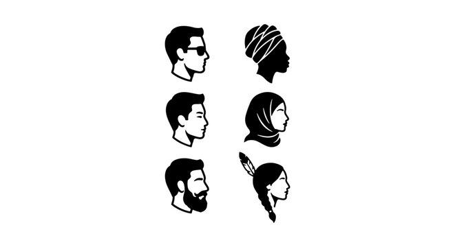 Human Profile Silhouette Set - Diverse Hairstyles, Hats, and Headwear Vector Icon Collection