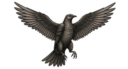Fototapeta premium Majestic Raven Soaring Against a Clean White Background.