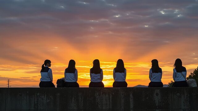 夕焼け空の下、堤防に並んで座る制服姿の女子高生6人