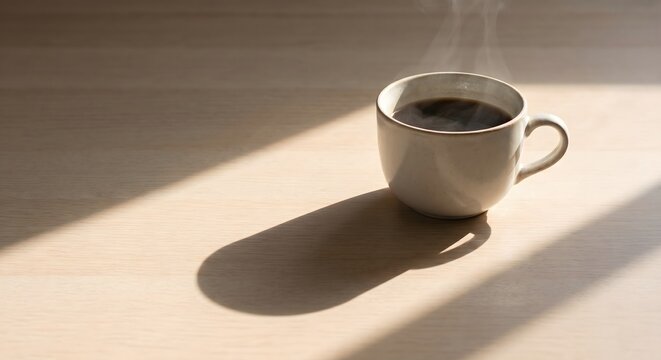 Steaming cup of coffee on table.