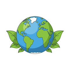 Fototapeta premium Cartoon Earth globe with green leaves, representing environmental protection and sustainability.