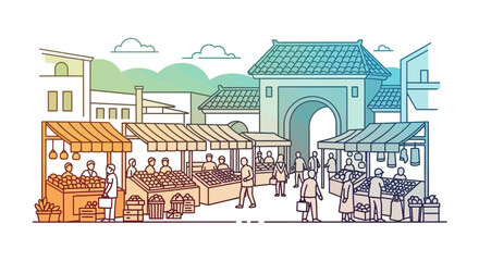 Naklejka premium Bustling Outdoor Market Scene with Stalls and Shoppers