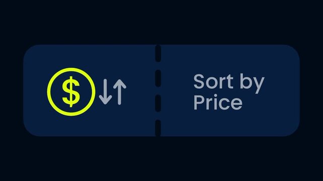 A sort by price feature button on a dark navy background with a yellow dollar coin and arrows icon on the left with bold white text on the right