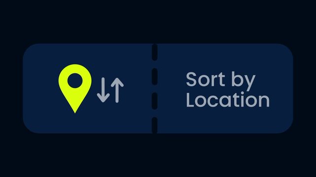 A sort by location feature button on a dark navy background with a yellow map pin and arrows icon on the left and bold white text on the right side