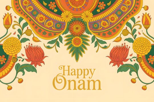 Onam festival, Indian celebration, floral patterns, Happy Onam greeting