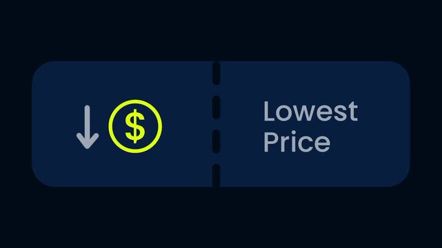 A lowest price feature button on a dark navy background with a downward arrow and yellow dollar coin icon on the left and bold white text on the right