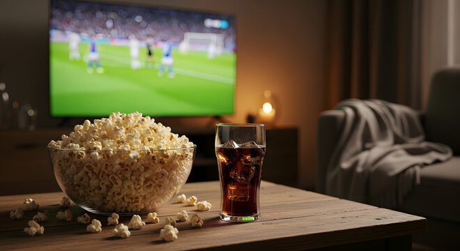 Cozy Evening at Home Watching a Football Match on TV with Popcorn and a Drink