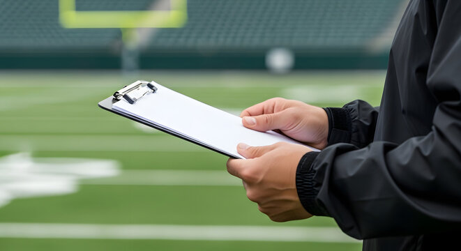 Football coach holding a blank clipboard on the sidelines of a green sports field with a goalpost in the background