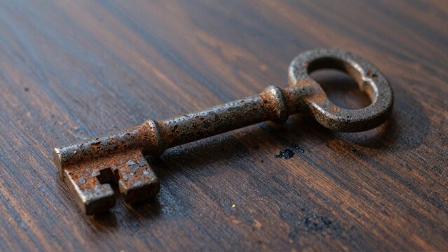 Antique Rusty Skeleton Key on Dark Wooden Surface