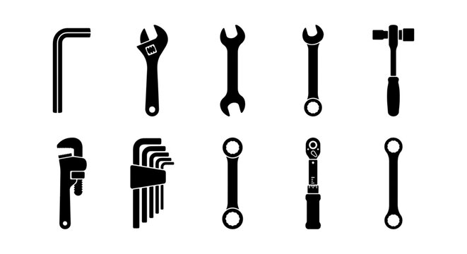 Set of 10 Black Silhouette Tools: Wrenches, Hex Keys, Torque Wrench, and Ratchet for DIY, Construction, and Repair Projects