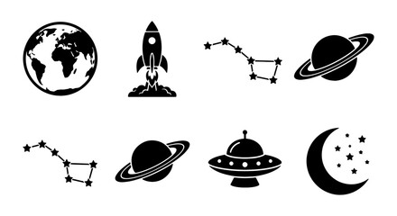 Outer Space Exploration Silhouette Set - Rocket Ship, Planets, UFO, Constellations, and Crescent Moon Vector Icon Collection © Tahmina