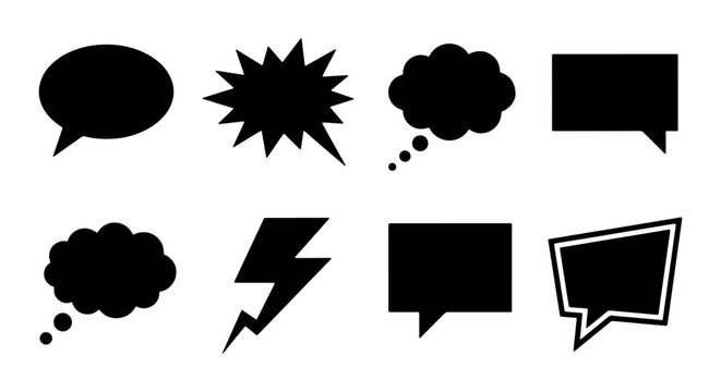Comic Speech Bubble Silhouette Set - Vector Chat Clouds, Thought Bubbles, and Lightning Bolt Communication Icons