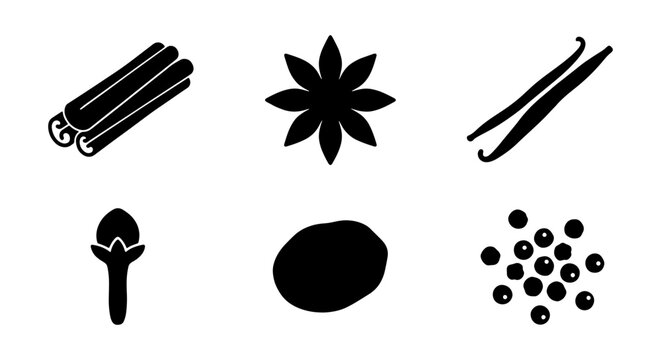 Aromatic Cooking Spices Silhouette Set - Cinnamon, Star Anise, Vanilla, Clove, Nutmeg, and Pepper Vector Illustration Collection