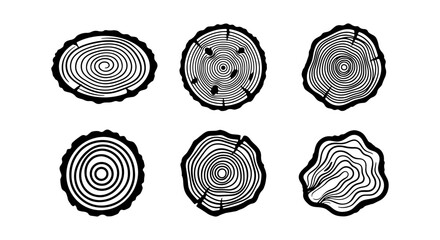 Wood Slice Vector Icons, Tree Ring Cross-Sections, Rustic Natural Textures, Organic Forest Elements, Set of Six © Nazmul