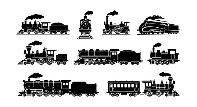 Vintage Steam Locomotive Silhouette Set - Retro Antique Train and Railroad Engine Vector Illustration Collection