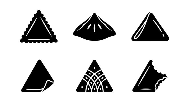 Samosa and Dumpling Silhouette Icon Set, Black Vector Outlines of Fried Snacks, Ravioli, and Triangular Pastries for Food Branding