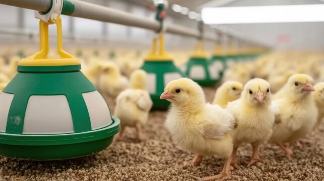Close-Up Wide Shot of Yellow Chicks Feeding in a Bright Barn Environment with Soft Lighting and Focus on the Nutritional Feeders