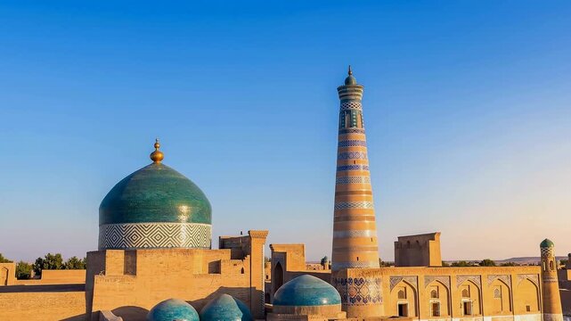Kalta Minor minaret and turquoise dome of Kalta Minor Madrasah in Khiva