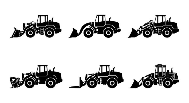Collection of Front End Wheel Loader Silhouettes with Various Attachments for Construction and Industrial Equipment Concepts