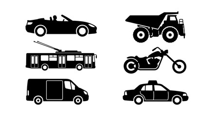 Mixed Transportation Vehicle Silhouette Set, Black Side View Vector Icons of Convertible, Dump Truck, Trolleybus, Chopper Motorcycle, Van, and Taxi © Imran