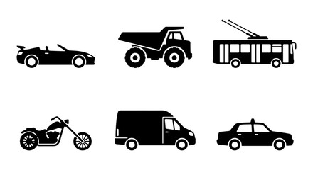 Commercial and City Transport Vehicle Silhouette Set, Side View Vector Icons of Dump Truck, Trolleybus, Delivery Van, Motorcycle, and Taxi © Imran