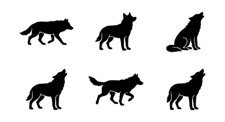 Collection of Wolf Silhouettes in Various Poses Including Howling Standing and Running for Wildlife and Nature Concepts © Shaila