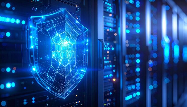 サイバーセキュリティのシールドとサーバーデータ保護の3Dイメージ	Cybersecurity Shield and Server Data Protection 3D Rendering [16:9] [4K]