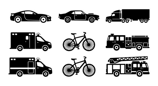 Emergency Service and Transport Vehicle Silhouette Set, Side View Vector Icons of Ambulance, Fire Engine, Semi Truck, Bicycle, and Sports Cars
