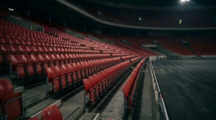 Naklejka premium Rows of empty red plastic seats in a large dark sports stadium or arena at night, featuring tiered seating architecture, concrete stairs, and metal railings under dim lighting.