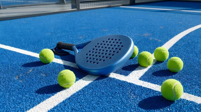 Blue padel racket and multiple yellow balls on a blue textured artificial turf court with white boundary lines under bright sunlight, showing sports equipment on the field surface.