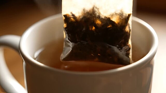 Close up of a tea bag steeping in a mug of hot water.