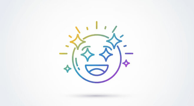 Sparkling happy emoji face icon with stars, colorful gradient, white background