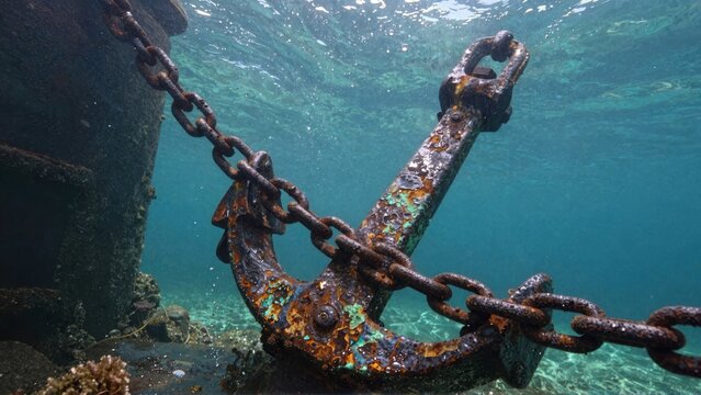 Rusty Ship Anchor and Chain Underwater in Clear Blue Ocean