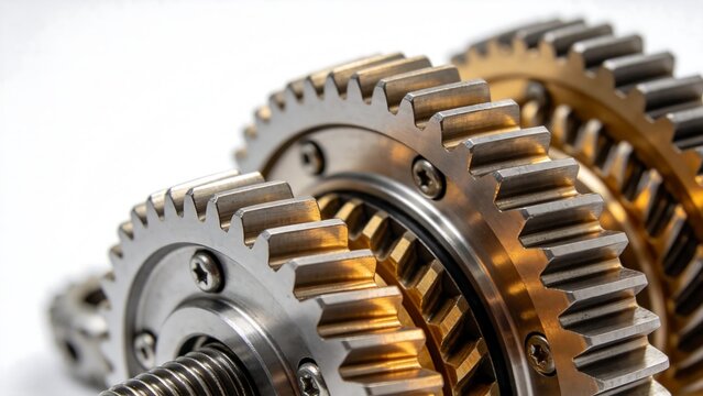 Closeup of metallic gears in mechanical assembly