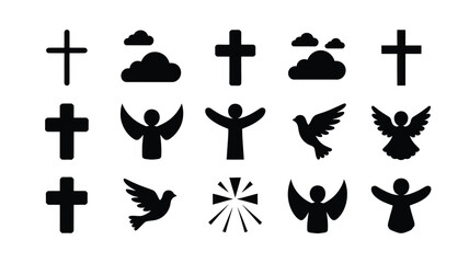 Fototapeta premium Collection of black christian crosses angels doves and clouds as simple vector icons representing faith spirituality hope and peace for religious concepts and designs
