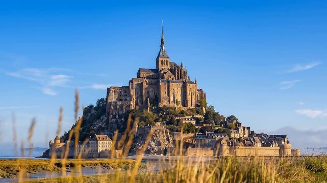 Mont Saint-Michel abbey and village at low tide under blue sky