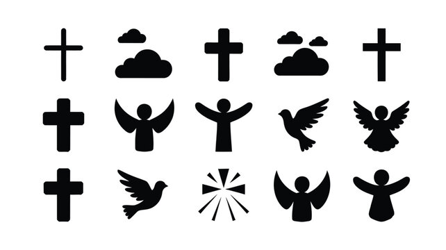 Collection of black christian crosses angels doves and clouds as simple vector icons representing faith spirituality hope and peace for religious concepts and designs