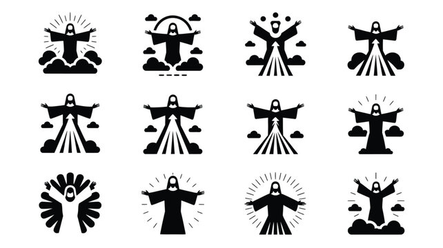 Collection of 12 minimalist vector icons depicting jesus christ with open arms in various stylized representations including halos clouds and radiating light suitable