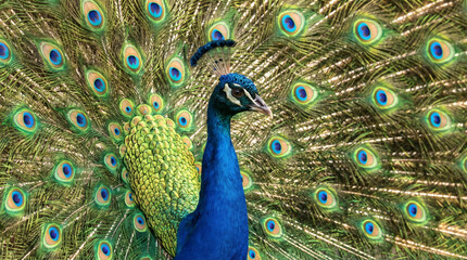 Fototapeta premium Vibrant peacock with fully fanned feathers in natural setting