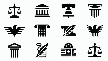 Collection of twelve modern constitutional law and justice icons representing legal concepts such as scales of justice courthouse liberty bell eagle emblems ancient scrolls © Pronab