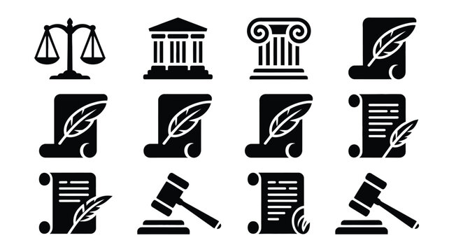Collection of twelve professional legal and justice icons featuring scales of justice courthouse building ancient column scrolls with quills and gavel representing law and order