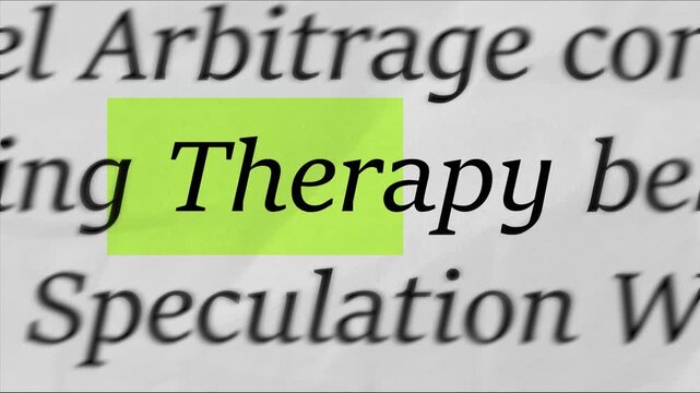 Highlighting the word Therapy on printed document, macro focus text concept for mental health, counseling, healing, support, psychology and self care video

